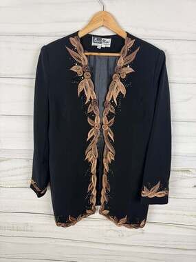 Ben Marc International Black Embroidered Beaded Floral Jacket Size 14
